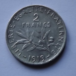  2 francs Semeuse 1919  Métal : Argent   Poids : 10 gr   Diamètre : 27 mm