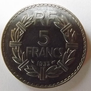 5 francs Lavrillier en nickel 1933  Métal : Ni   Poids : 11.95 gr  Diamètre : 31 mm 